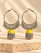 Orneza Silver-Tone Hoop Jhumka Earrings in Yellow — front view