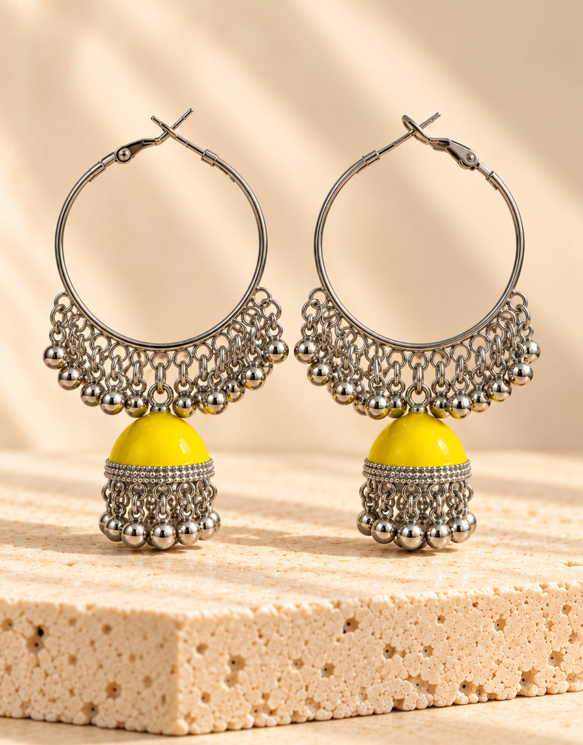 Orneza Silver-Tone Hoop Jhumka Earrings in Yellow — front view
