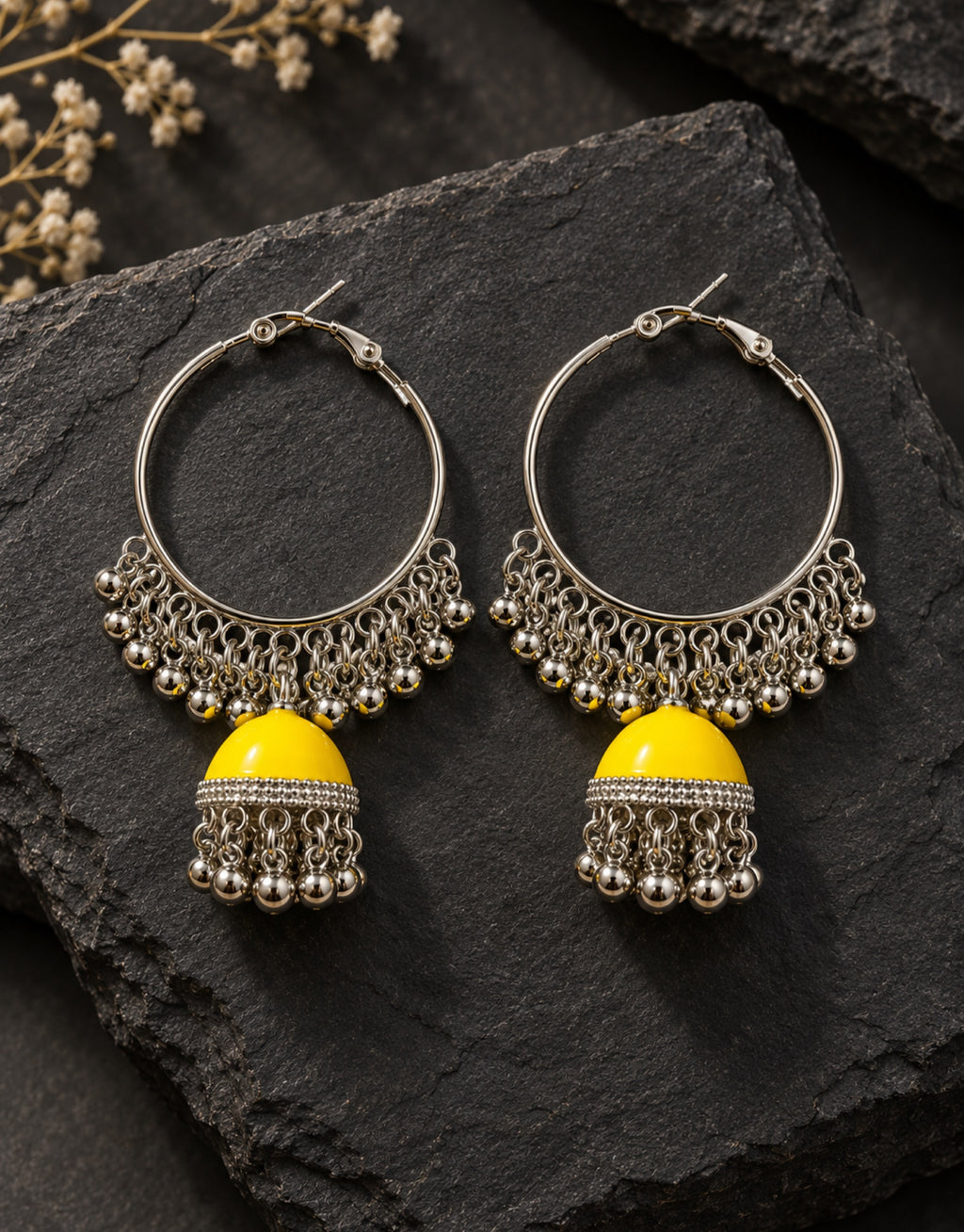 Orneza Silver-Tone Hoop Jhumka Earrings in Yellow — styled view
