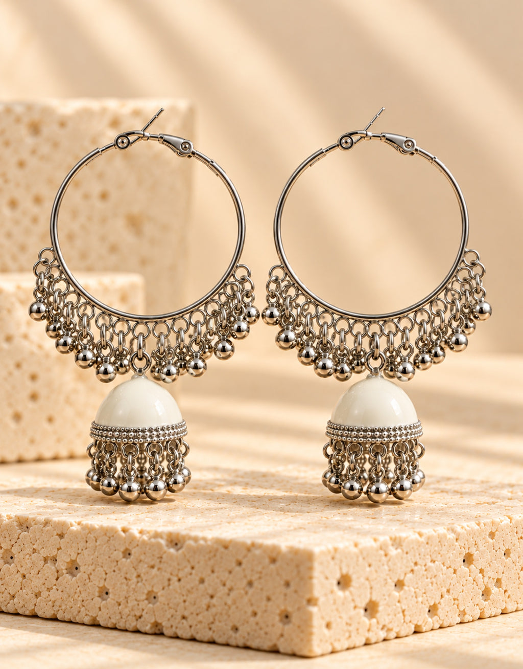 Orneza Silver-Tone Hoop Jhumka Earrings in White — front view