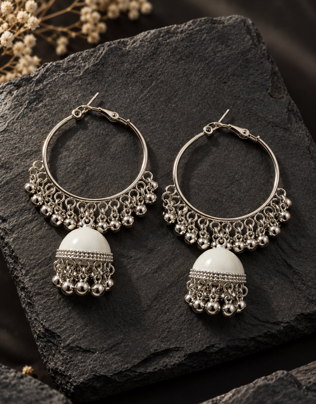 Orneza Silver-Tone Hoop Jhumka Earrings in White — styled view