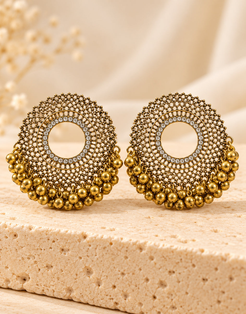 Orneza Two-Tone Round Disc Earrings with Gold Beads — front view