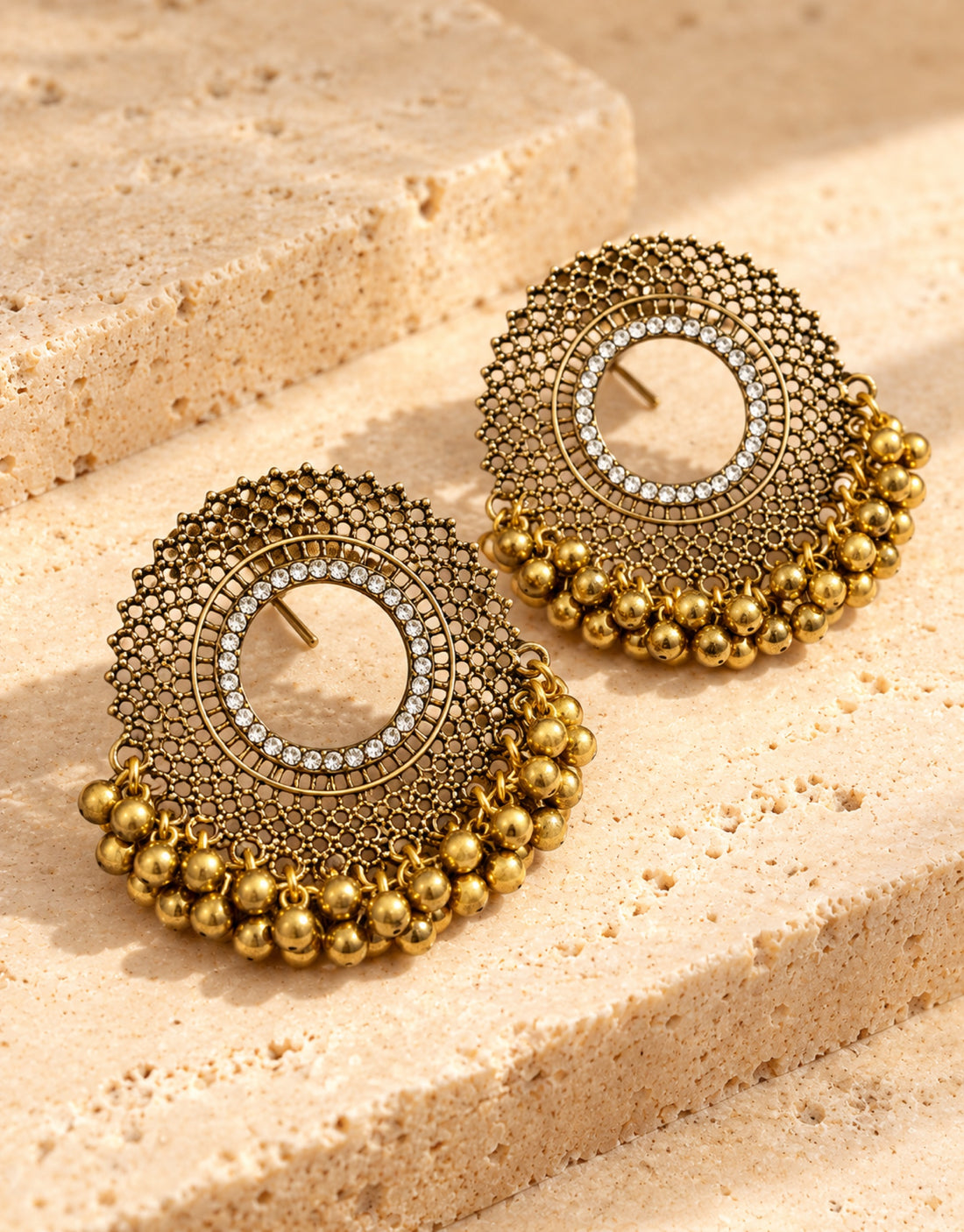 Orneza Two-Tone Round Disc Earrings with Gold Beads — angle view