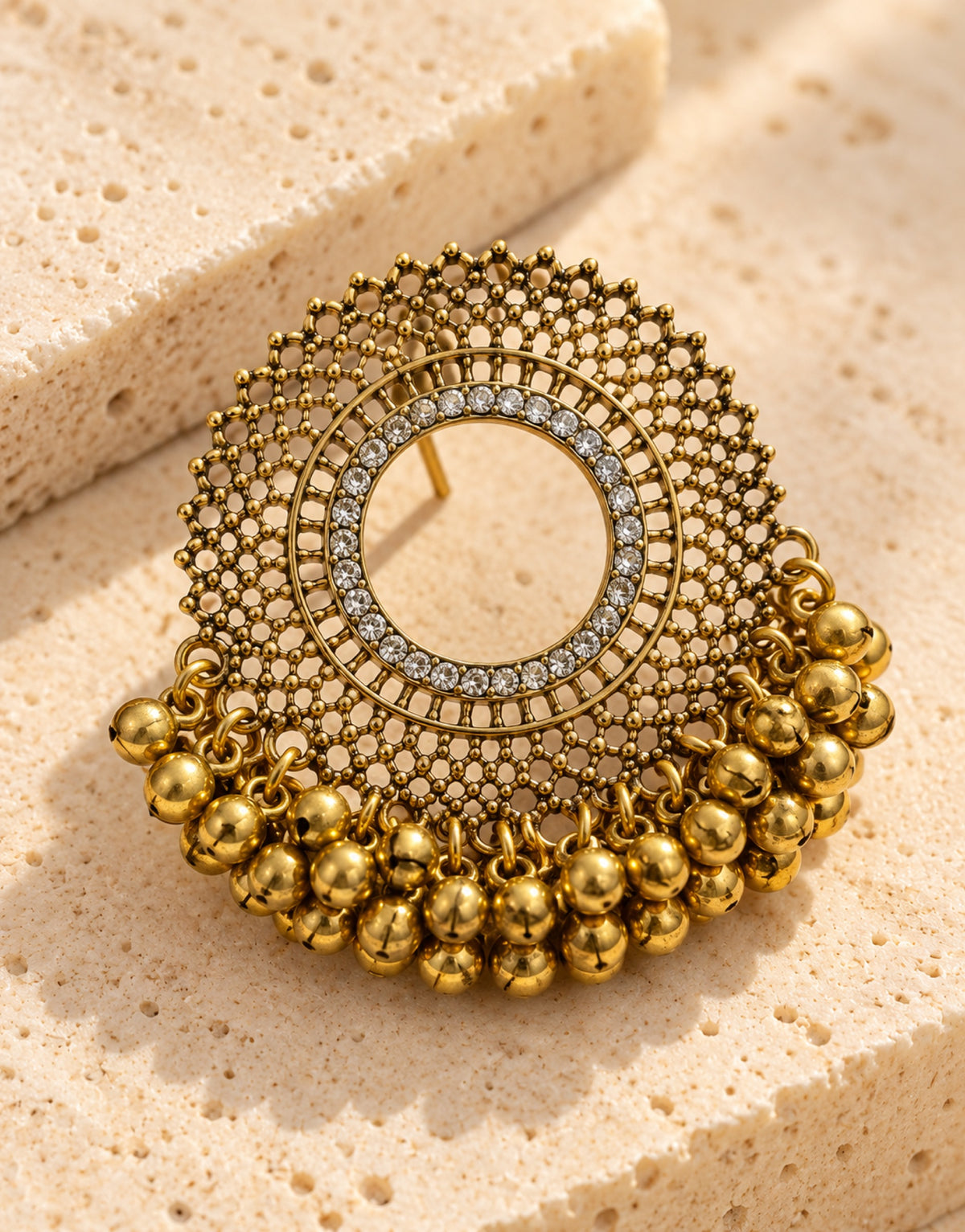 Orneza Two-Tone Round Disc Earrings with Gold Beads — close-up detail