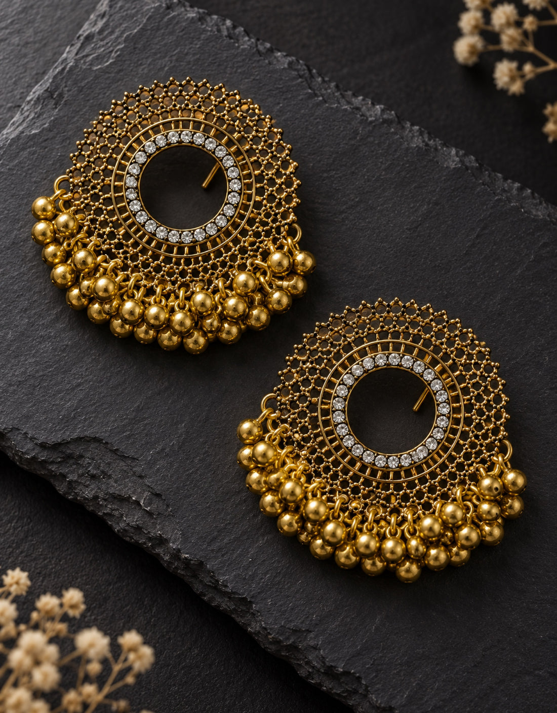 Orneza Two-Tone Round Disc Earrings with Gold Beads — styled view