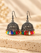 Orneza Oxidised Filigree Jhumka Earrings with Multicolour Beads — front view