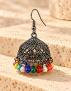 Orneza Oxidised Filigree Jhumka Earrings with Multicolour Beads — close-up detail