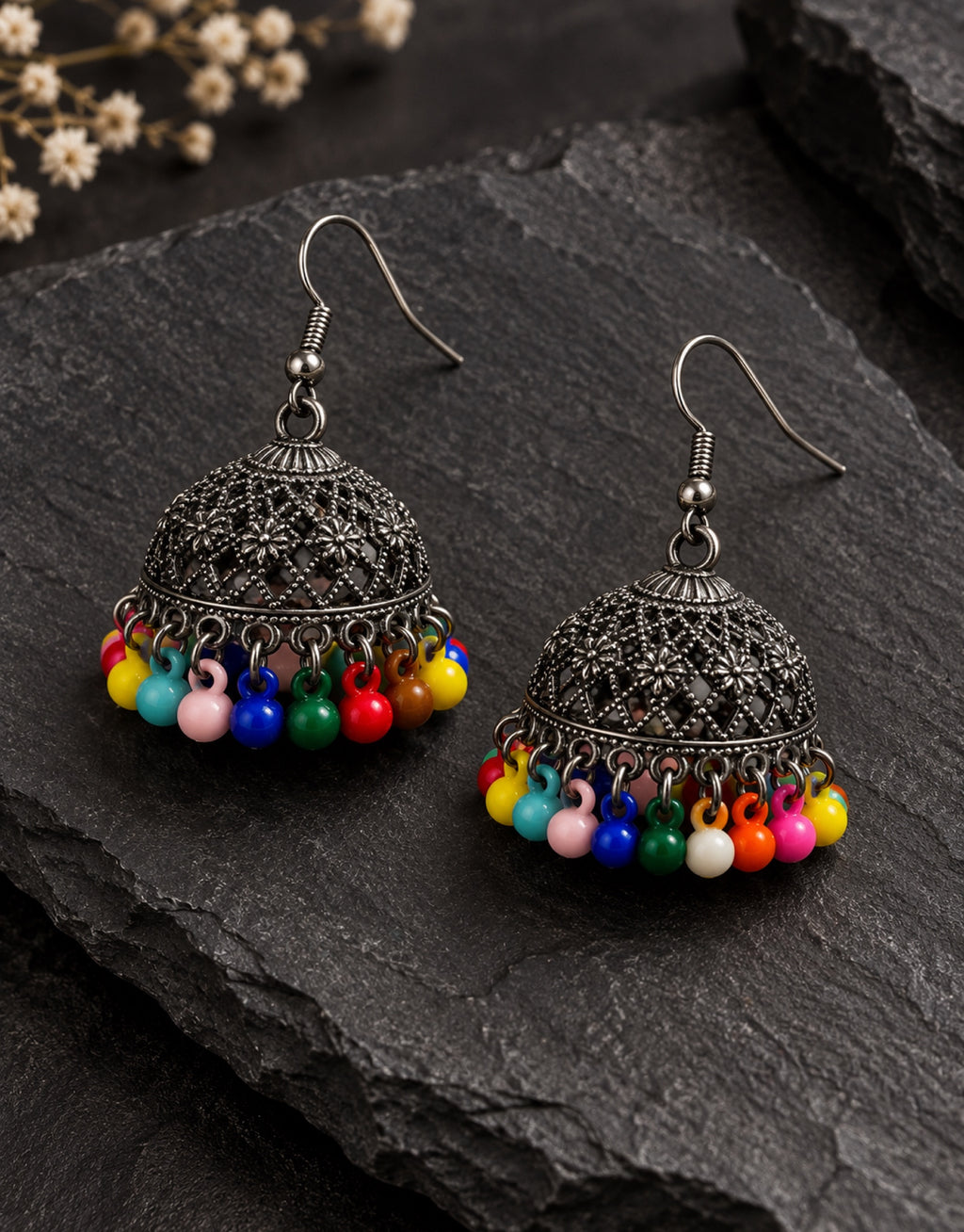 Orneza Oxidised Filigree Jhumka Earrings with Multicolour Beads — styled view