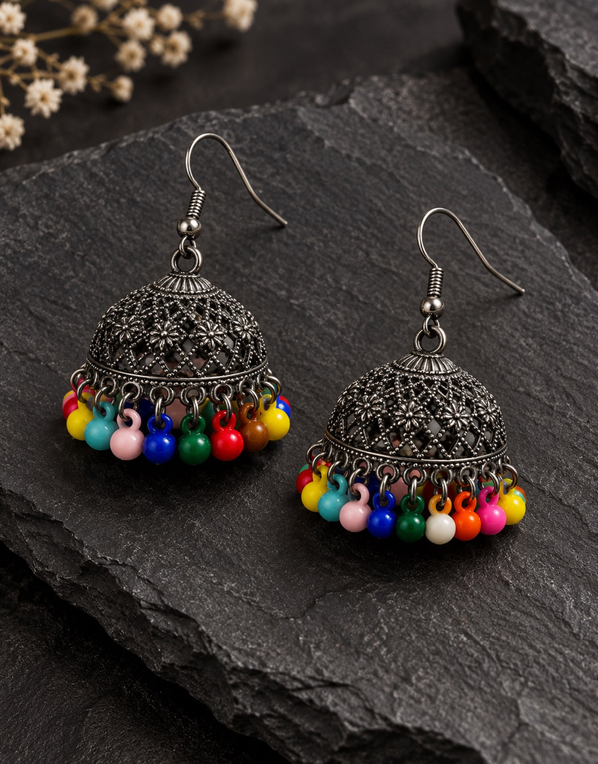 Orneza Oxidised Filigree Jhumka Earrings with Multicolour Beads — styled view